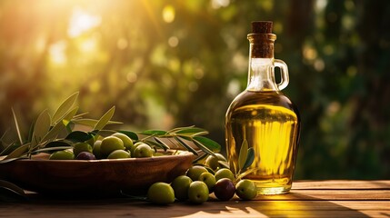 Bottle of olive oil with olives on the wood table. - obrazy, fototapety, plakaty