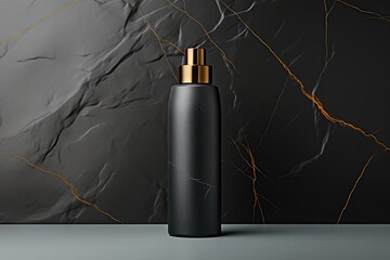 Black cosmetic bottle mockup on black marble background. 3d rendering - obrazy, fototapety, plakaty