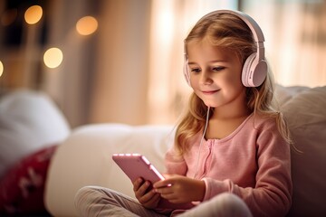 Cute little girl with headphones and smartphone modern. Happy relax social media internet. Generate AI