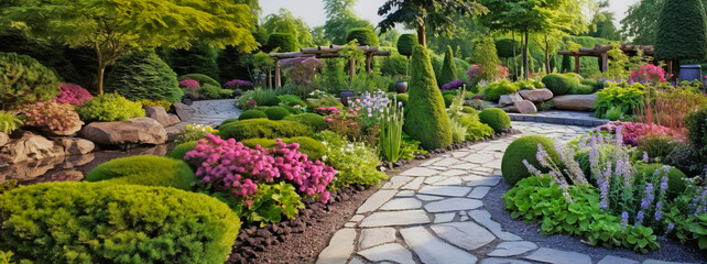 UK garden with naturalistic design yard hard landscaping,  summer retreat house - obrazy, fototapety, plakaty