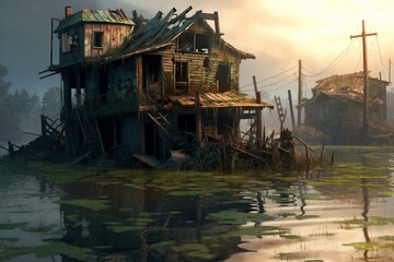Decayed buildings amidst a submerged post-apocalyptic environment. Generative AI
