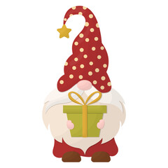 A Christmas gnome is holding a gift. Vector illustration on a white background