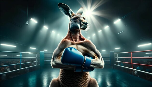 AI generated illustration of A kangaroo in a boxing ring, ready to face off against a challenger