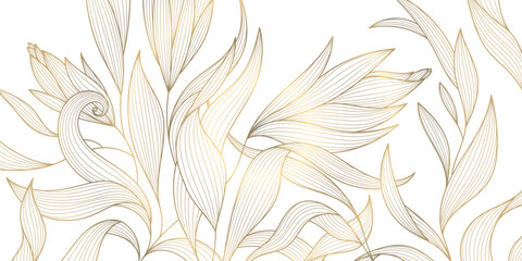 Vector golden leaves botanical modern, art deco wallpaper background. Line design for interior design, textile patterns, textures, posters, package, wrappers, gifts etc. Luxury.