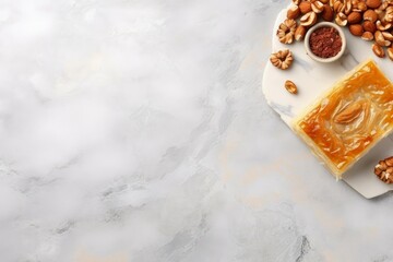 Obraz na płótnie Canvas Delicious sweet baklava and cake server. Pastry cuisine ingredient sugar dessert. Generate Ai