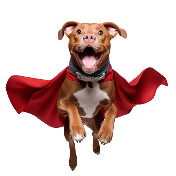 Superhero dog wearing red cape