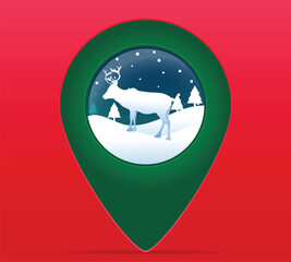 Christmas, New year and Reindeer in Green pin marker on red color background, travel and giving concept navigation on holiday and festival.