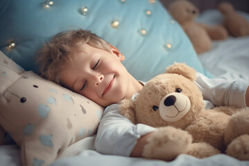 Little son with outstretched hands lying in bed with fluffy stuffed toys animal friends cat and teddy bear sleeping in cozy room. Kid girl covered with blanket enjoy healthy night sleep top view - obrazy, fototapety, plakaty