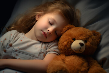 Sweet little girl sleeps with a toy. Young girl in bed sleeping and hug teddy bear. Little girl, big dreamer. It’s bedtime for baby and bear. With teddy close by he has the softest sweetest dreams