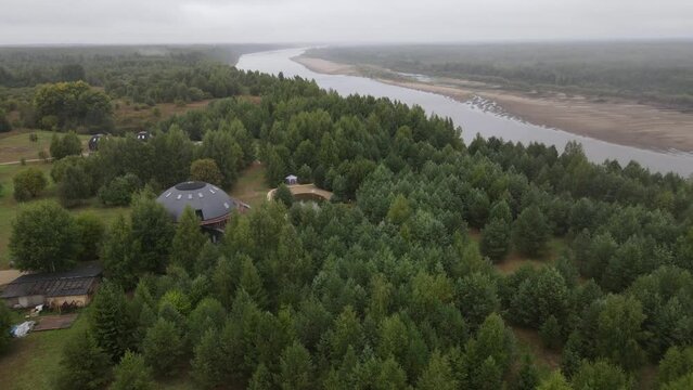 Aerial view of tourist complex with rotating house in Kotelnich