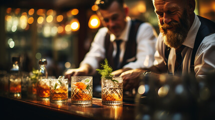 barman gently pours finished cocktail from glass shaker into glass. Body of bartender in black apron on background.