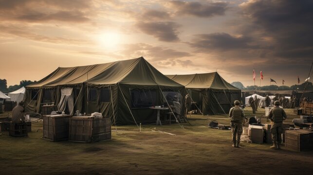 a very large military tent standing in a vast field, highlighting the strategic importance of field camps. Ideal for military and defense concepts