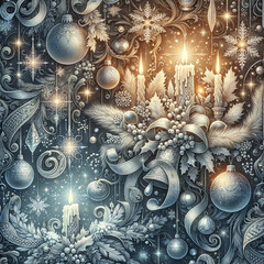 a wallpaper pattern interlacing festive elements like silver bells, intricate