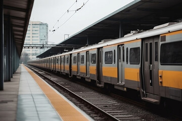 Fototapeta premium Modern public transport train waits for passengers boarding at railway station generative ai