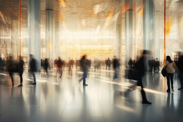 Long exposure shot of crowd of people walking in bright office lobby fast moving with blur. Passengers in airport or train station. Abstract blurred interior space background. Travel concept