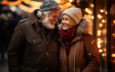 Obraz premium Generative ai illustration of a Happy elderly couple against christmas market