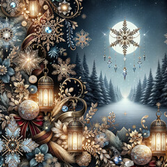 a wallpaper design showcases motifs such as radiant snowflakes dancing in the night, lush velvet