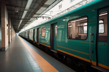 Modern public transport train waits for passengers boarding at railway station generative ai