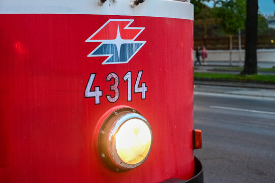 Wiener Linien sign on a tram in Wien, Austria. Vienna public transport company logo. 