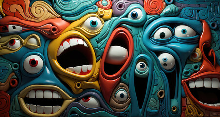 Naklejka premium the painting depicts a group of colorful faces, in the style of humorous graffiti