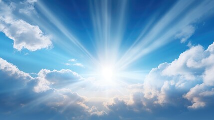 sun rays piercing through the clouds in a serene blue sky, portraying the beauty of atmospheric phenomena.