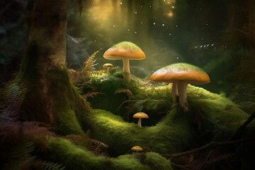 Mushrooms in the fantasy magical forest with trees covered by moss generative ai
