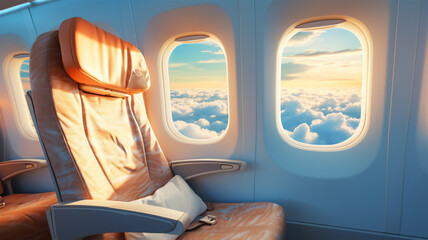 Airplane seat against blue sky with white clouds 