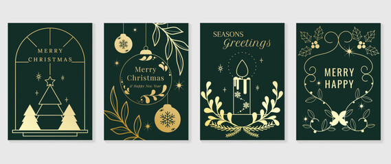 Luxury christmas invitation card art deco design vector. Christmas tree, holly, snowflake, candle line art on green background. Design illustration for cover, greeting card, print, poster, wallpaper. - obrazy, fototapety, plakaty