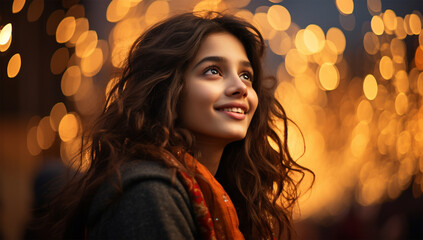 Happy young woman in the city at Christmas time. Close up portrait of a beautiful smiling girl in a...