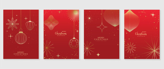 Luxury christmas invitation card art deco design vector. Christmas bauble ball, snowflakes, firework line art on red background. Design illustration for cover, greeting card, print, poster, wallpaper.