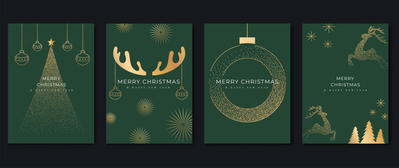 Luxury christmas invitation card art deco design vector. Christmas tree, wreath, reindeer, snowflakes line art on green background. Design illustration for cover, greeting, print, poster, wallpaper.