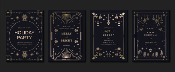 Luxury christmas invitation card art deco design vector. Christmas tree, snowflake, ball line art on dark blue background. Design illustration for cover, greeting card, print, poster, wallpaper.