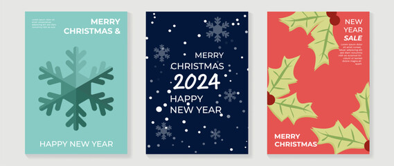 Obraz na płótnie Canvas Set of happy new year 2024 and merry christmas concept background. Elements of decorative bauble, holly sprig, snowflakes, snow, berry. Art design for card, poster, cover, banner, decoration.