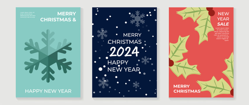 Set of happy new year 2024 and merry christmas concept background. Elements of decorative bauble, holly sprig, snowflakes, snow, berry. Art design for card, poster, cover, banner, decoration.
