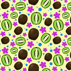 Pattern is seamless with kiwi, flowers, circles on light background