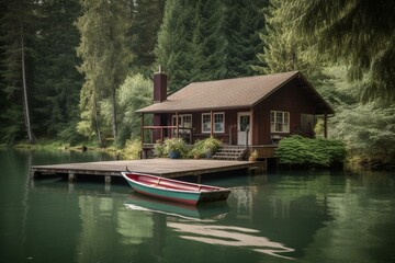 A lakeside cabin with boat, dock, and scenic surroundings. Generative AI