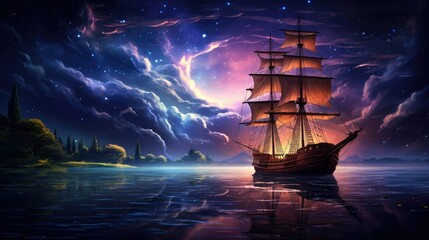 Fototapeta premium A Moonlit Pirate's Voyage Sails on a Stunning Ocean Night
