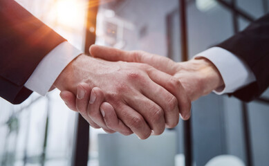 Portrait of elegant businessmen handshaking in conference hall