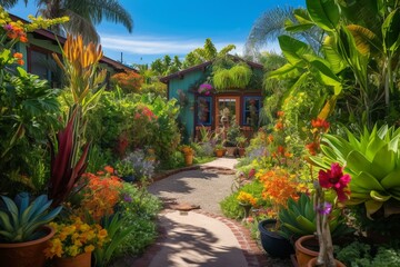 Fototapeta na wymiar Vibrant garden with intricate details, vivid colors, lush foliage, and sunny blue skies. Generative AI