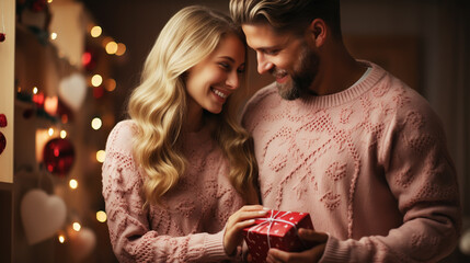 a woman and a man exchanging gifts couple give presents to each other. Making surprise for holiday - obrazy, fototapety, plakaty