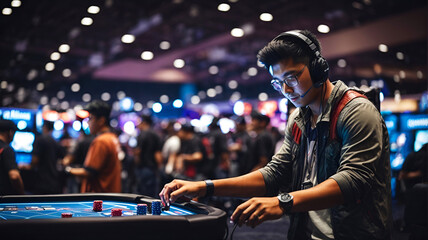 Fototapeta na wymiar headphone wearing young boy in vintage suit and gown playing casino table in dj party, gambling and addictive lifestyle - ai generated
