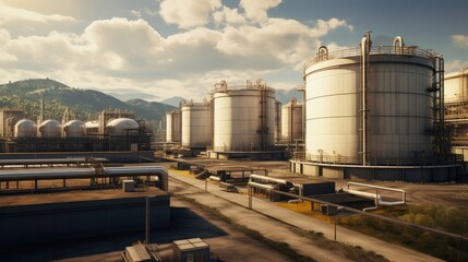 Obraz premium Enhance your energy and industrial content with captivating visuals of the oil storage facility, showcasing the city's role in the energy sector. Perfect for urban industrial presentations