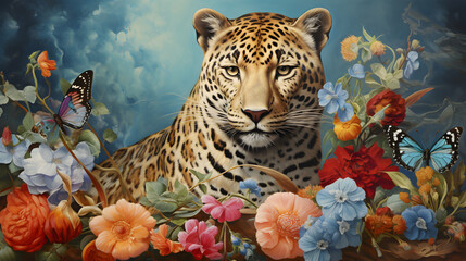 Beautiful painting of a leopard with flowers and butterflies around it