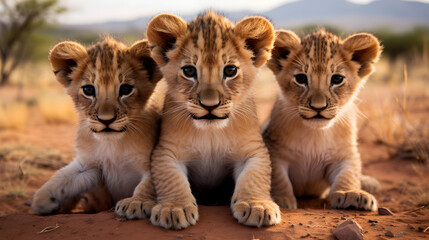 Obraz premium Cubs of lion curiously look straight into the camera in the desert