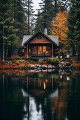 Fototapeta na wymiar Cozy cabin in the woods at a lake on a moody autumn day