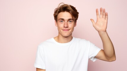 Model waving hand. Friendly person hand gesture, hello sign. Greeting ! Isolated on a plain colored background. Generative AI.
