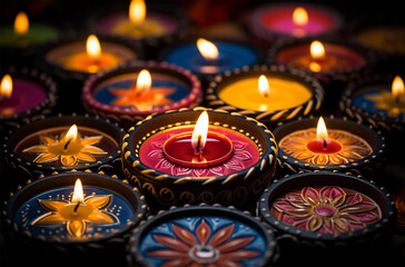 Obraz na płótnie Canvas Beautiful diwali diya with burning candles on dark background