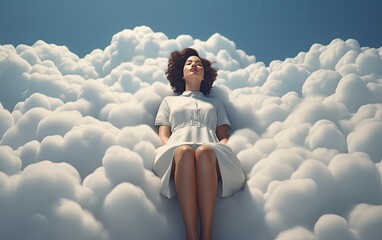 Beautiful girl modestly dressed sitting on a fluffy white cloud
