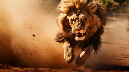 Lion chasing its prey in the dust