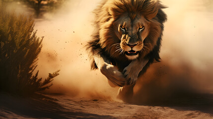  Lion running furiously in the dust